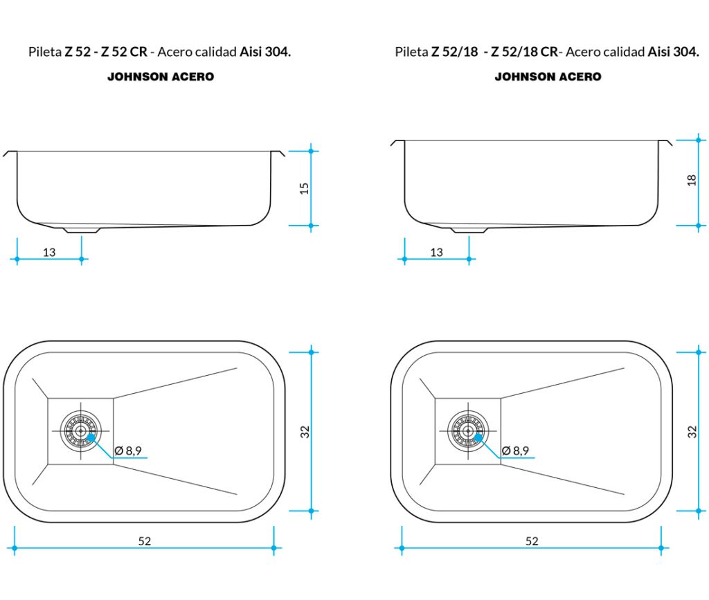 Pileta Simple Z 52/18 - Acero 304 - JOHNSON